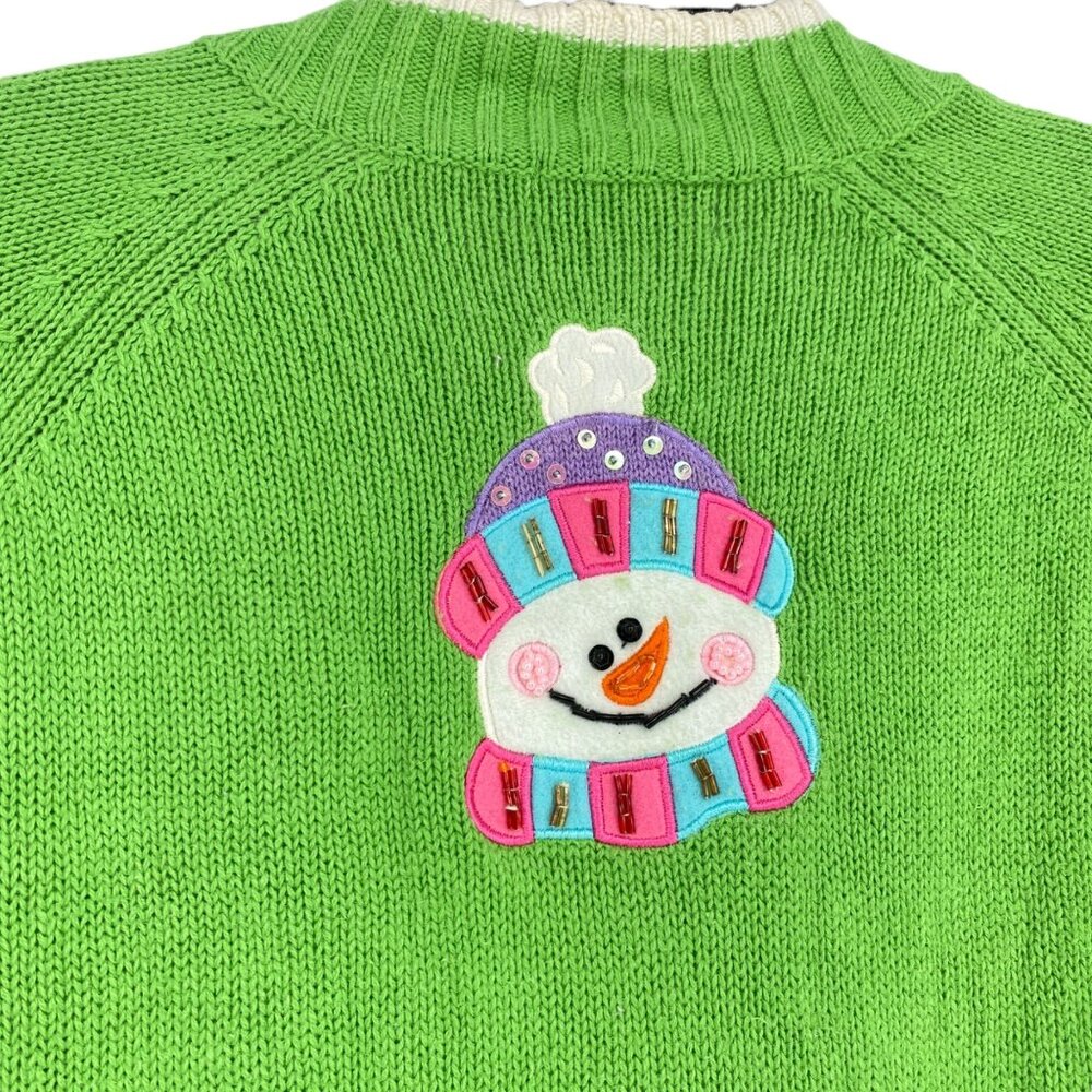 Tiara International Xmas Sweater 26/28 Green Zip Front Snowmen Cozy Holiday Wear - Picture 6 of 13